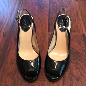 Cole Haan black patent sling back peep toe